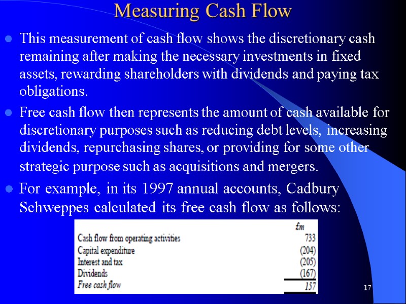 Measuring Cash Flow  This measurement of cash flow shows the discretionary cash remaining